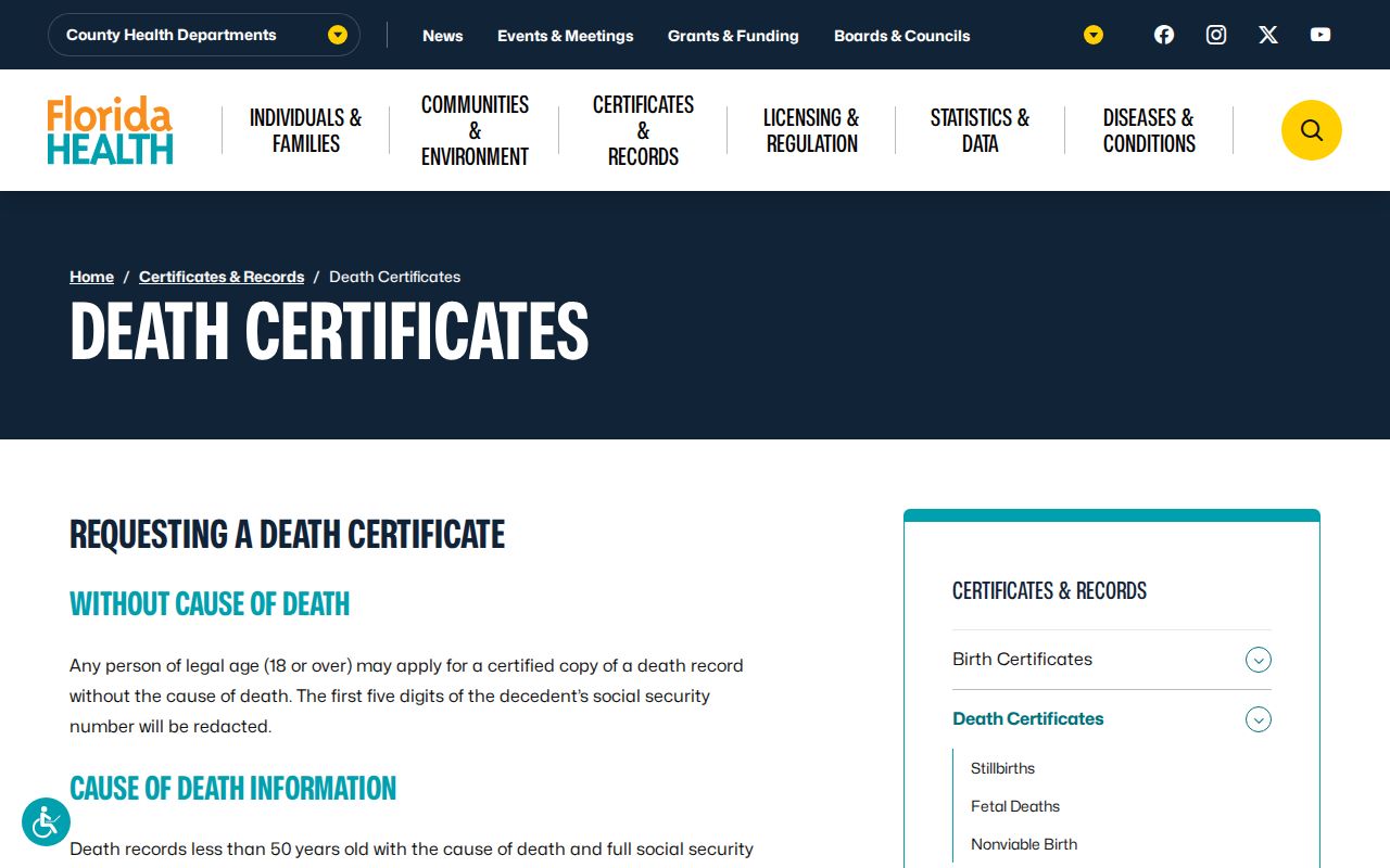 Palm Springs resident lookup Florida death certificate access page