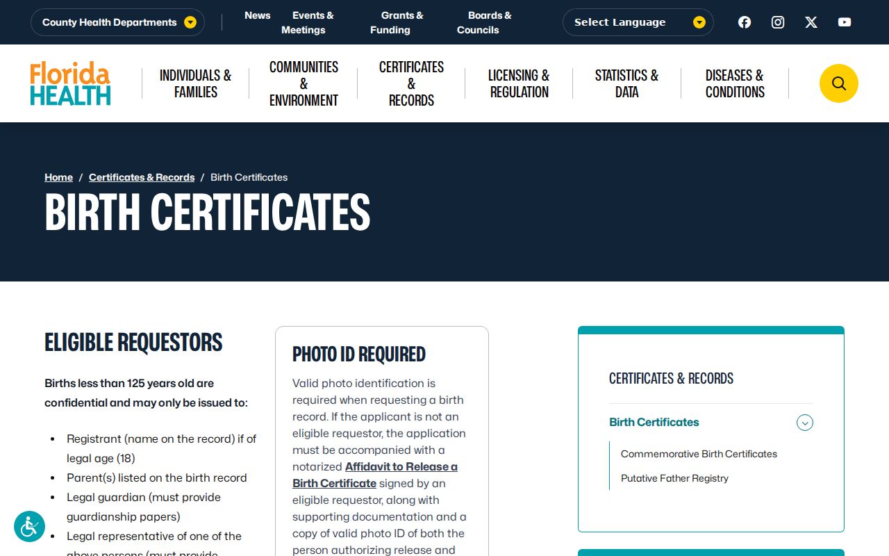 Palm Springs resident lookup Florida birth certificate access page