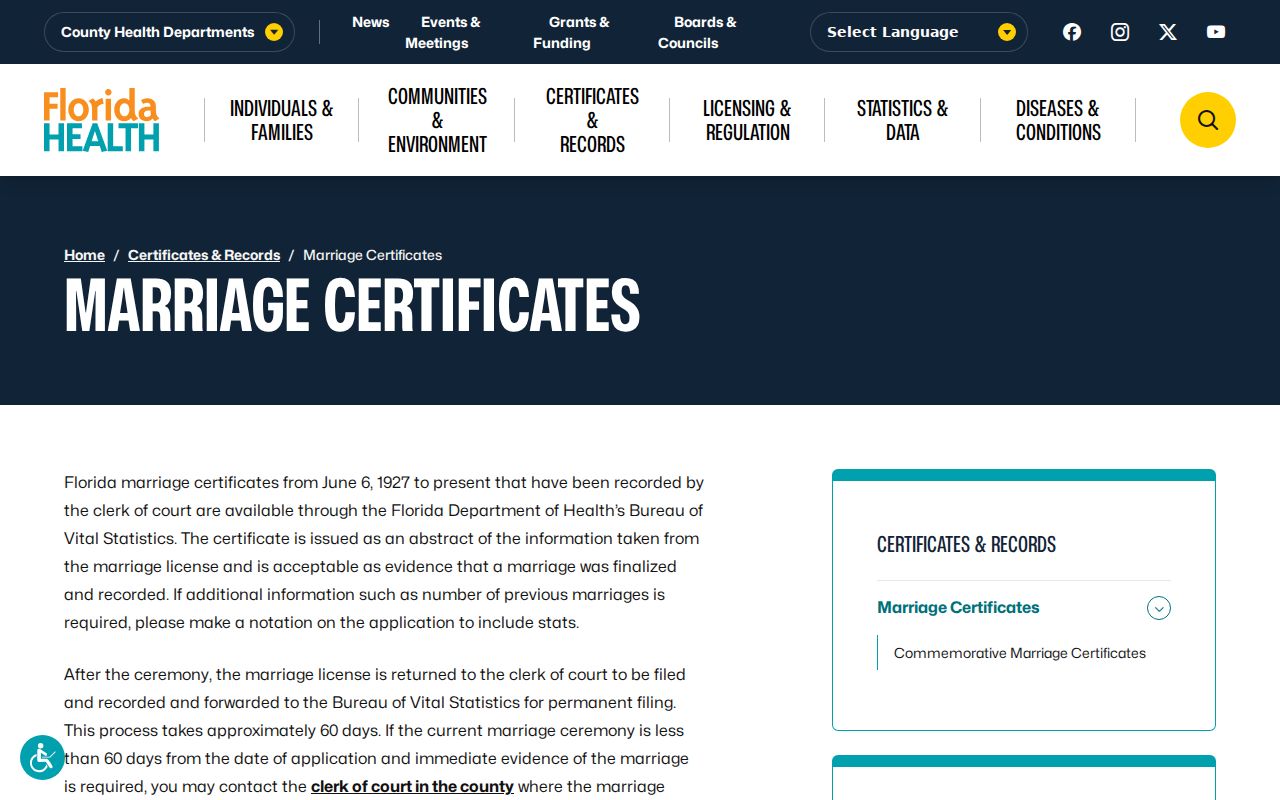 Palm Springs resident lookup Florida marriage certificate page