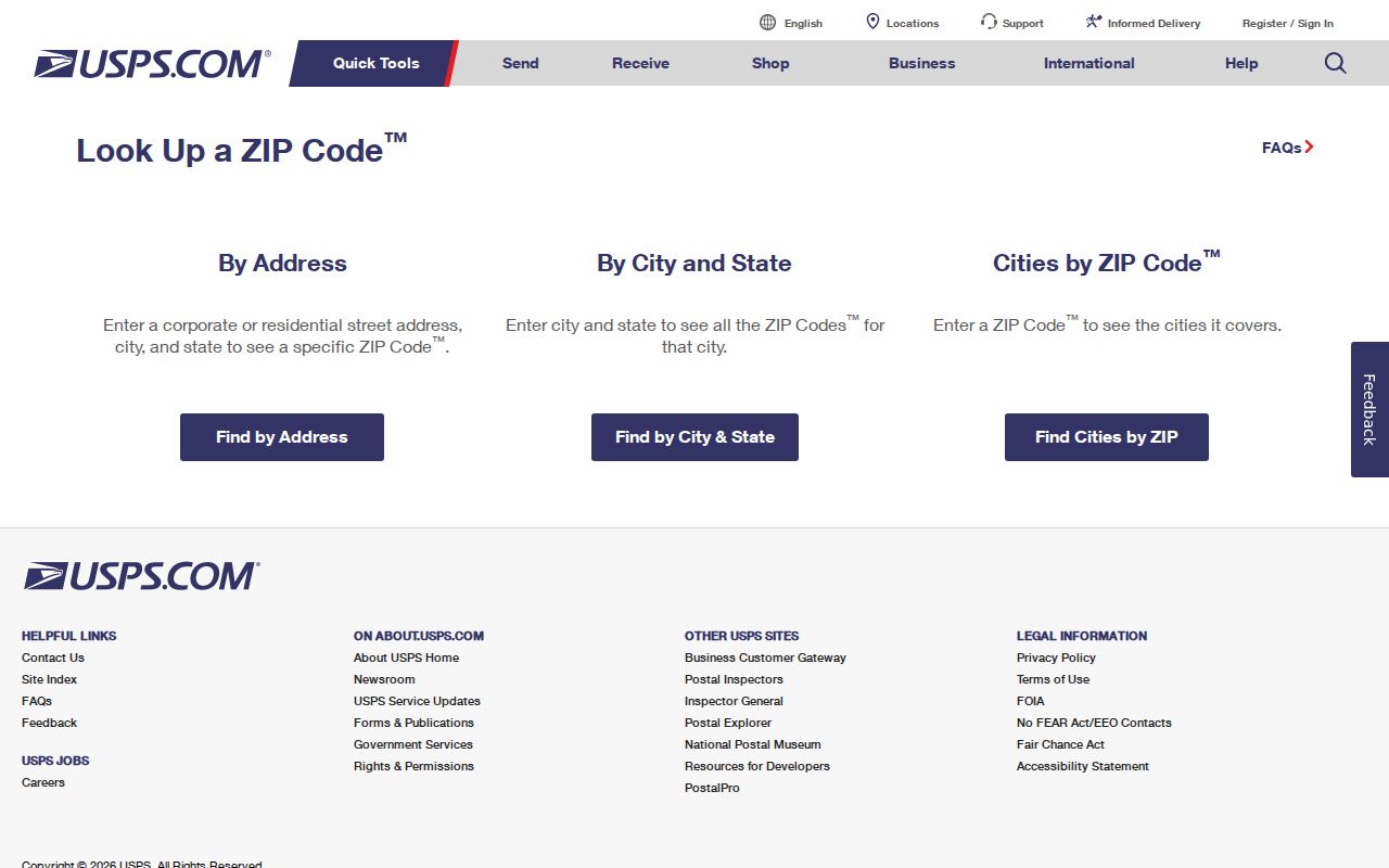 Palm Springs ZIP code directory USPS lookup screen